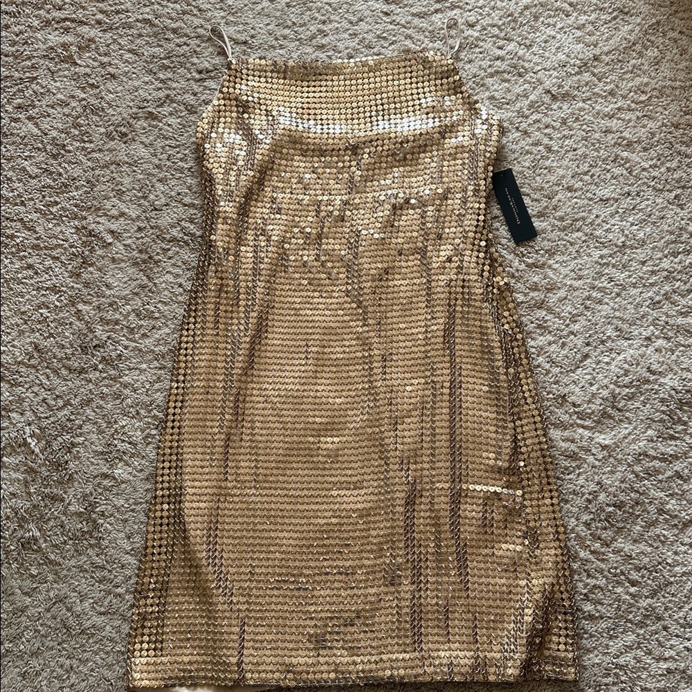 Donna Karan DKNY Gold Sequin Mesh Cowl Neck Sleeveless Midi Dress Sz 12 NWT - Picture 5 of 7